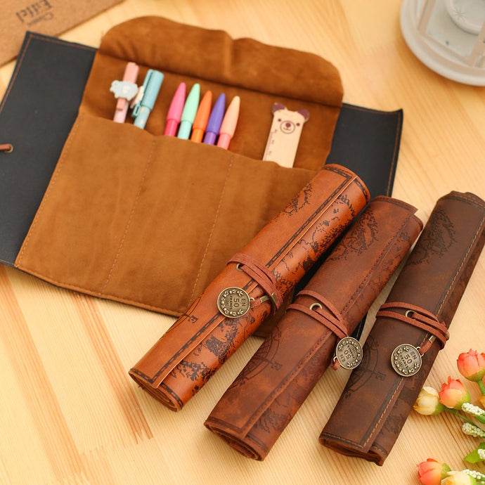 PU Leather Creative Retro Luxury Treasure Map Pencil Cases Roll Pen Bag - Better Days